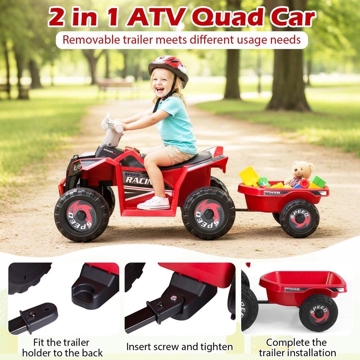 Kids electric ATV quad with detachable trailer, 6V ride-on toy by GBruno Store, shown outdoors on grass.