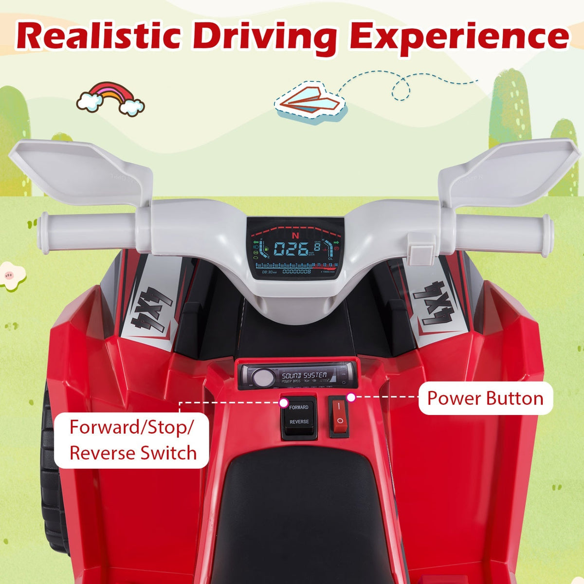 Kids electric ride-on ATV quad with detachable trailer in red, featuring sturdy wheels, safety seat, and realistic design.