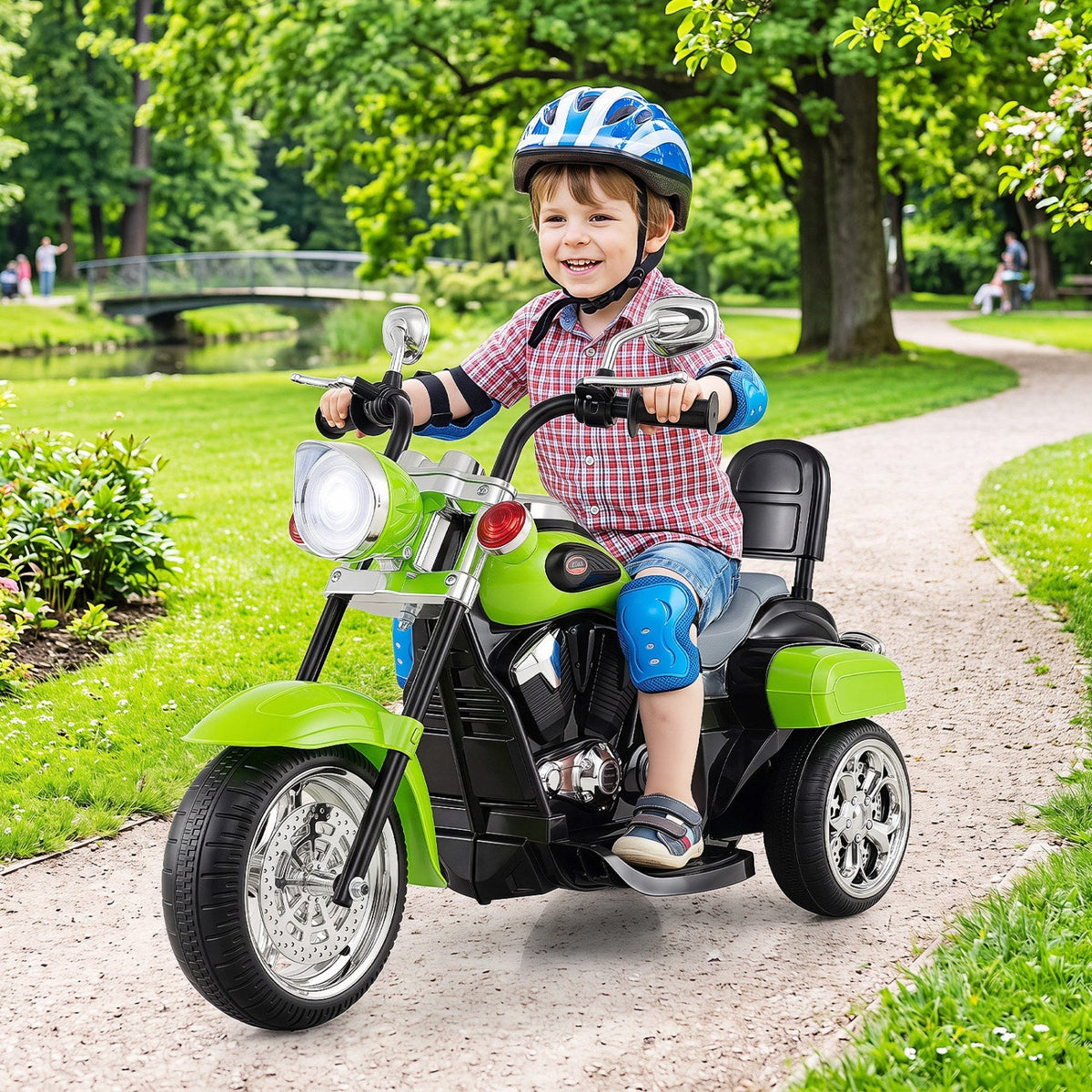 3-wheel electric ride-on toy motorcycle for toddlers, 6V battery-powered, designed for children aged 3 and up.