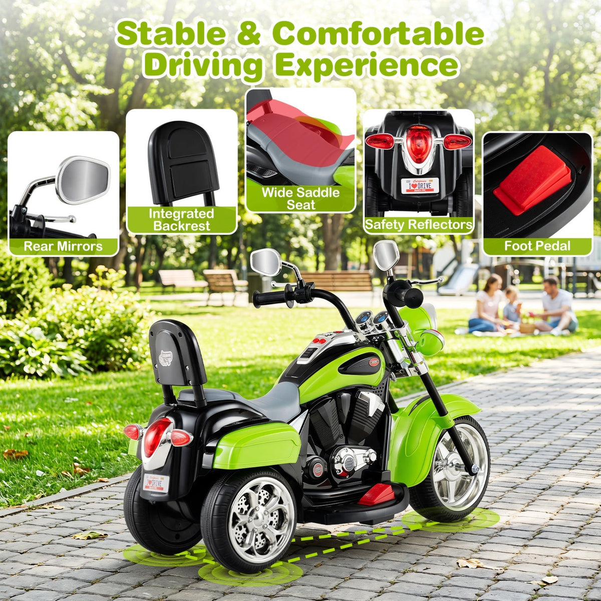 3-wheel electric ride-on motorcycle toy for toddlers, 6V powered, designed for children ages 3 and up, with colorful details and safety features.