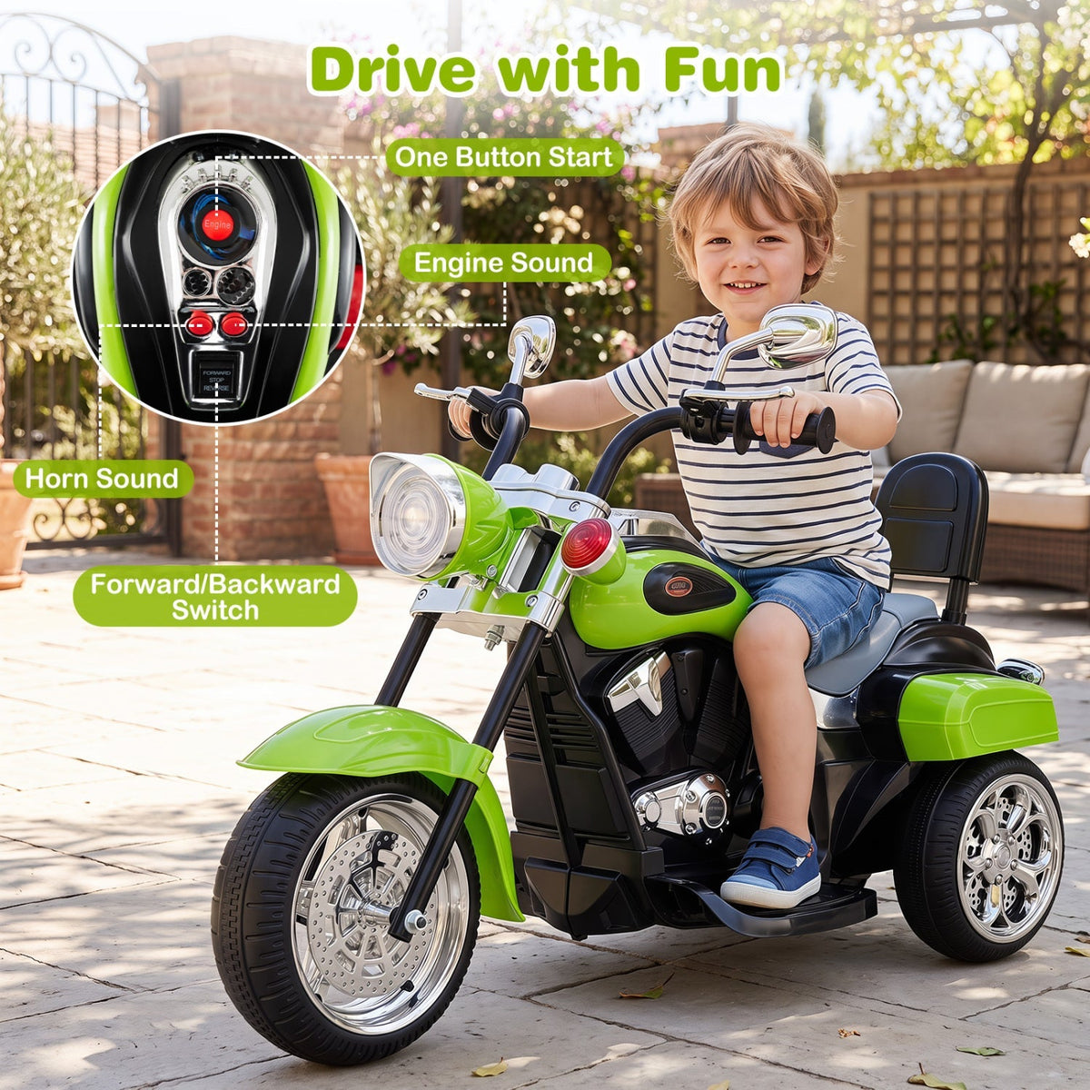 Three-wheel electric ride-on motorcycle toy for toddlers, 6V powered, suitable for ages 3 and up, with realistic design and bright colors.