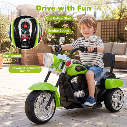 Three-wheel electric ride-on motorcycle toy for toddlers, 6V powered, suitable for ages 3 and up, with realistic design and bright colors.