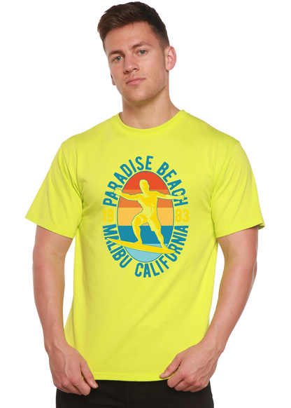 Men's Paradise Beach 1983 graphic T-shirt by Spun Bamboo, short sleeve with tropical beach print in bamboo viscose and organic cotton.