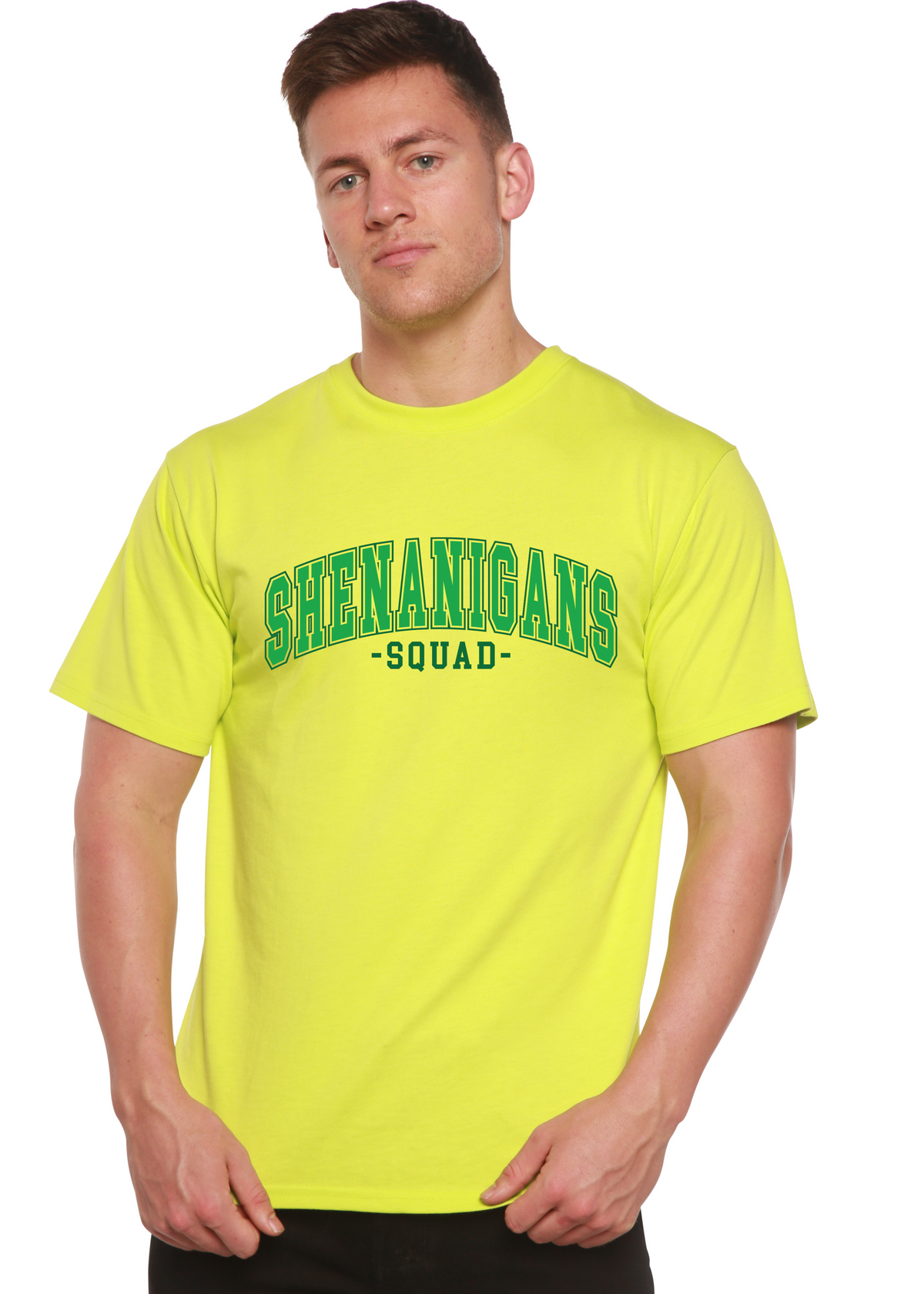 Unisex bamboo cotton graphic T-shirt featuring Shenanigans Squad design by Spun Bamboo, casual men's printed shirt.
