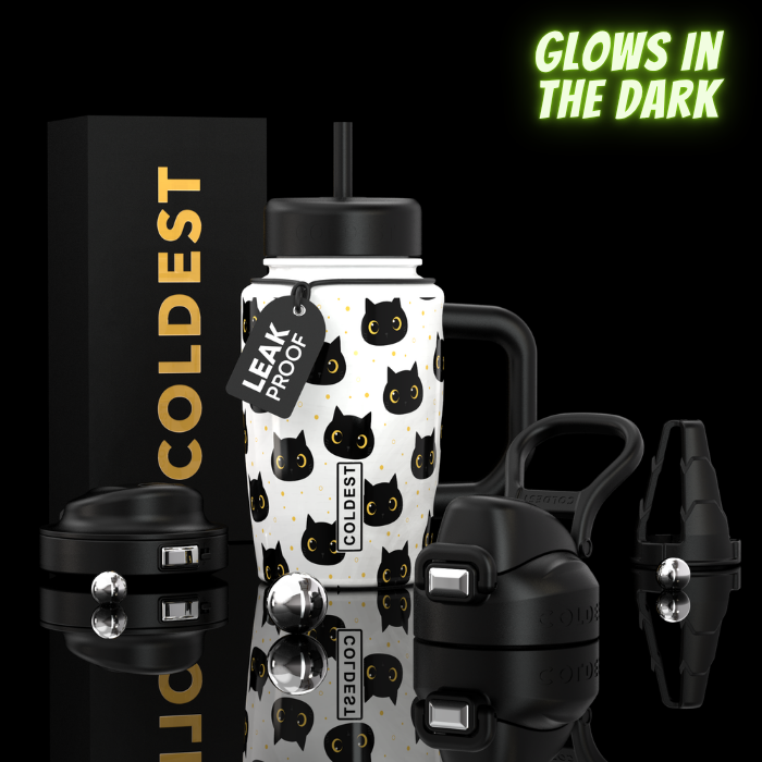 Coldest Limitless Ultra v8 15oz travel mug with black lid, stainless steel body, and grip handle for hot and cold beverages.