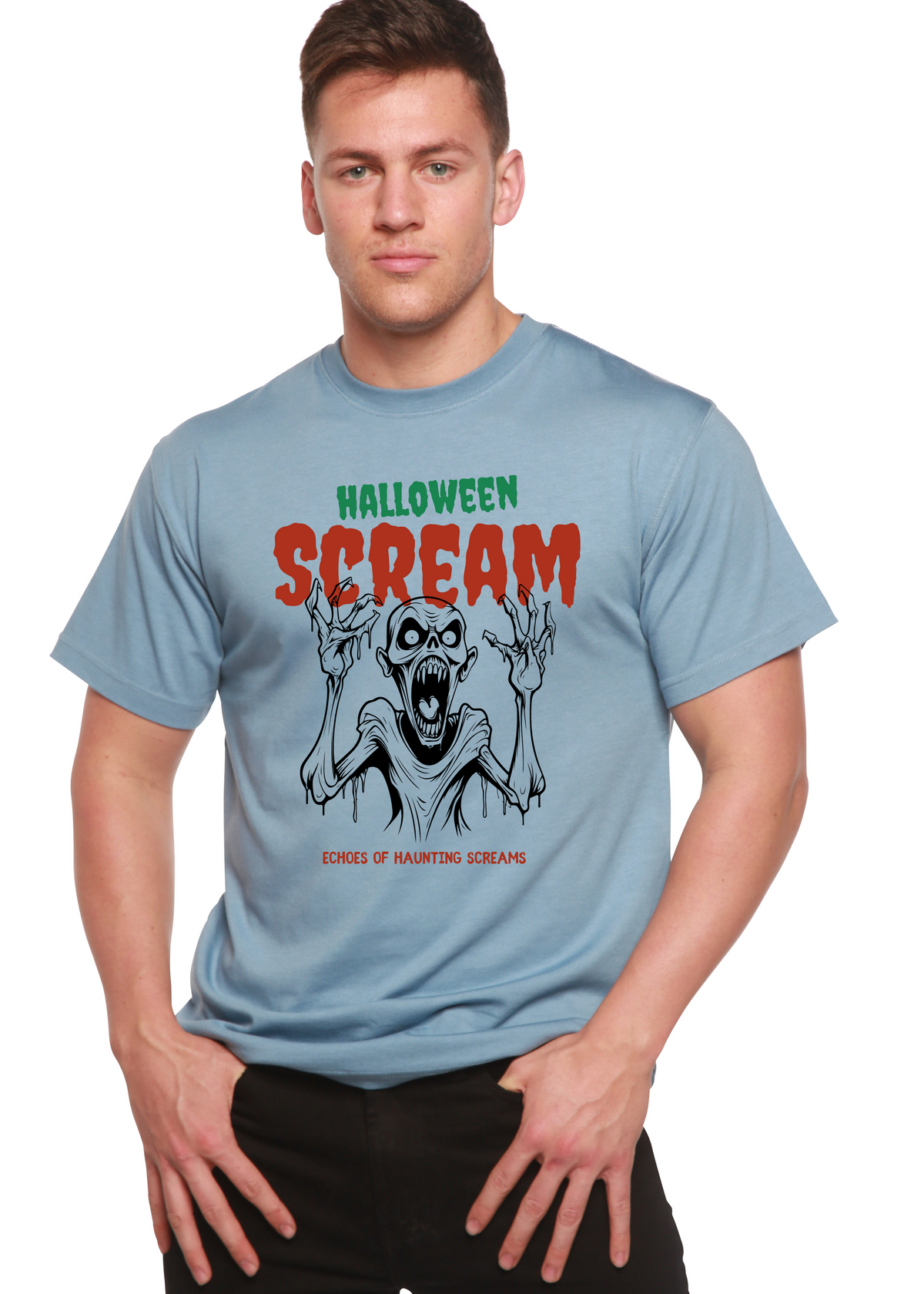 Men's Halloween Scream graphic T-shirt by Spun Bamboo, short sleeve, made from bamboo viscose and organic cotton, with spooky print.