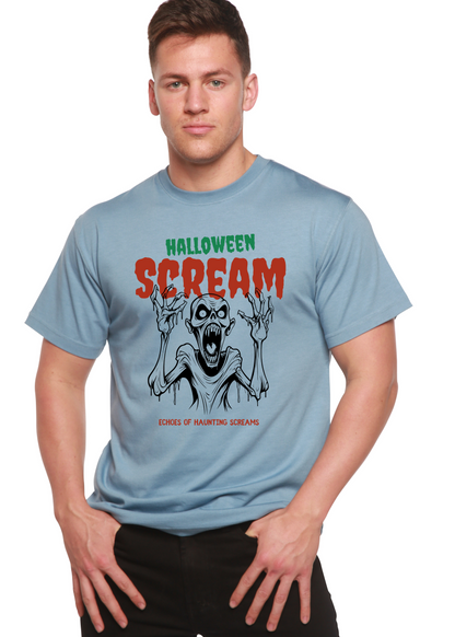 Men's Halloween Scream graphic T-shirt by Spun Bamboo, short sleeve, made from bamboo viscose and organic cotton, with spooky print.