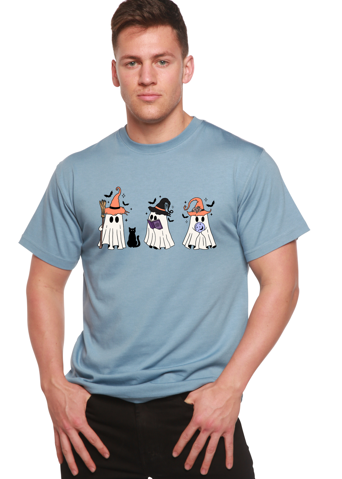 Men's Halloween Boo T-shirt by Spun Bamboo, short sleeve graphic tee made from bamboo viscose and organic cotton, with Halloween-themed print.