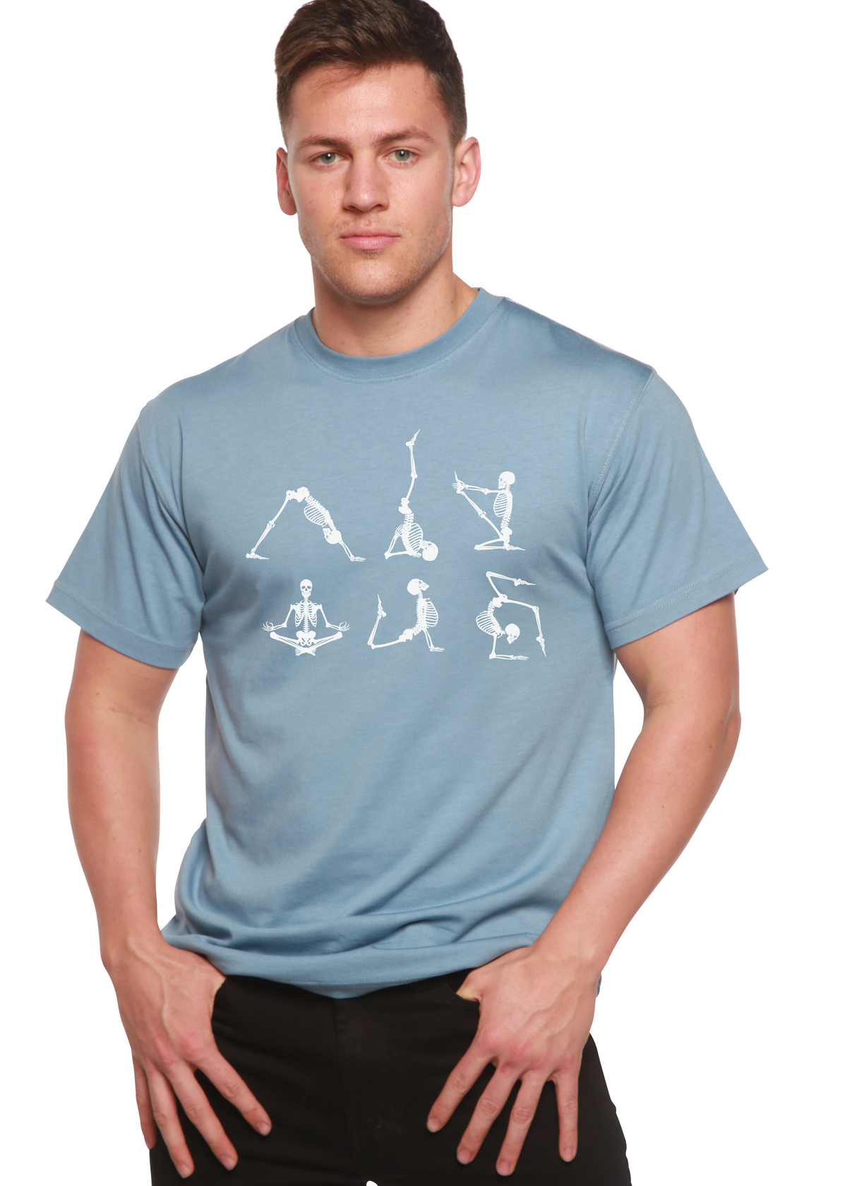 Men's Halloween Skeleton Namaste graphic T-shirt by Spun Bamboo, short sleeve, organic cotton and bamboo viscose fabric.