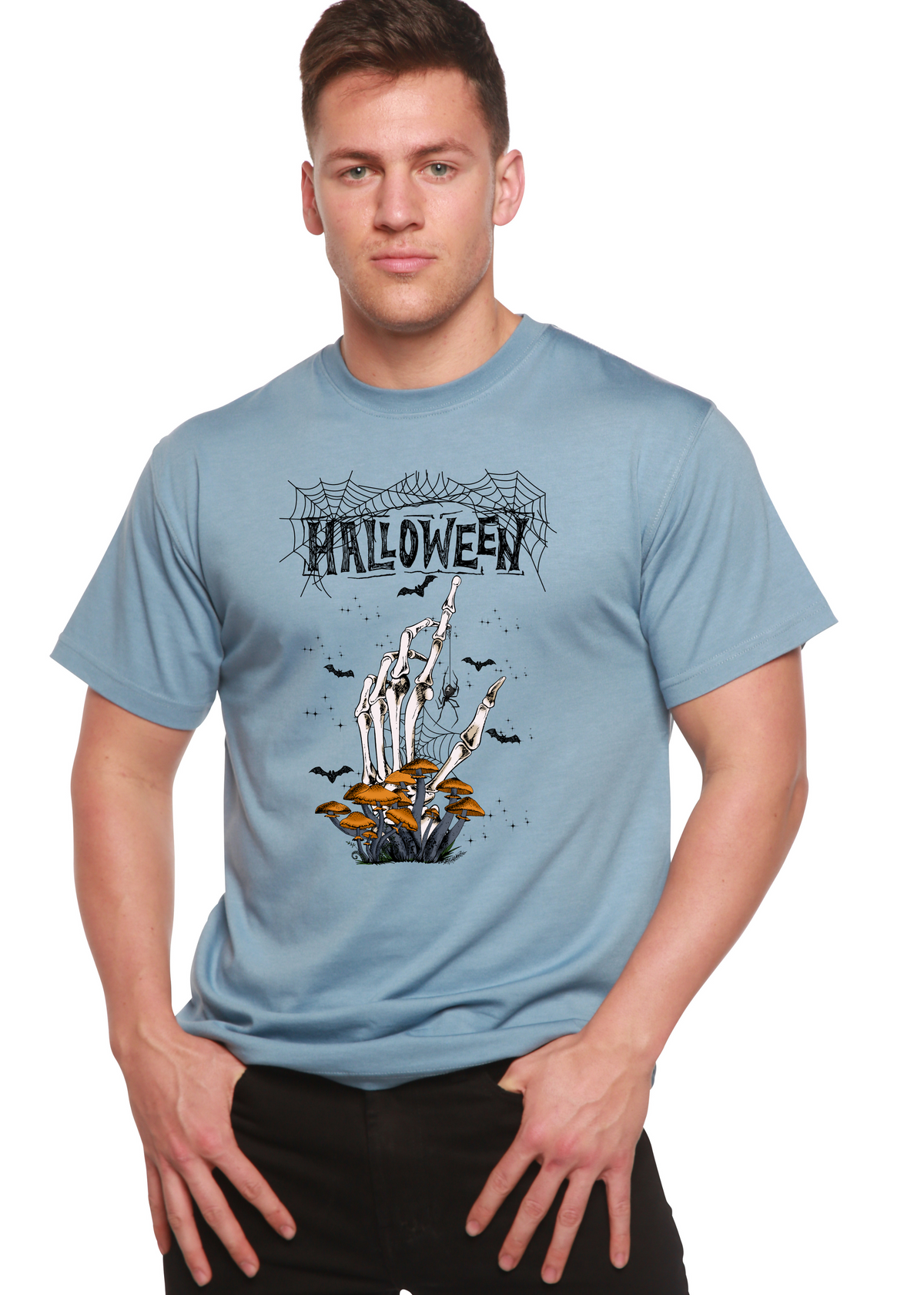 Men's Halloween graphic T-shirt by Spun Bamboo, short sleeve, made of bamboo viscose and organic cotton with spooky print design.