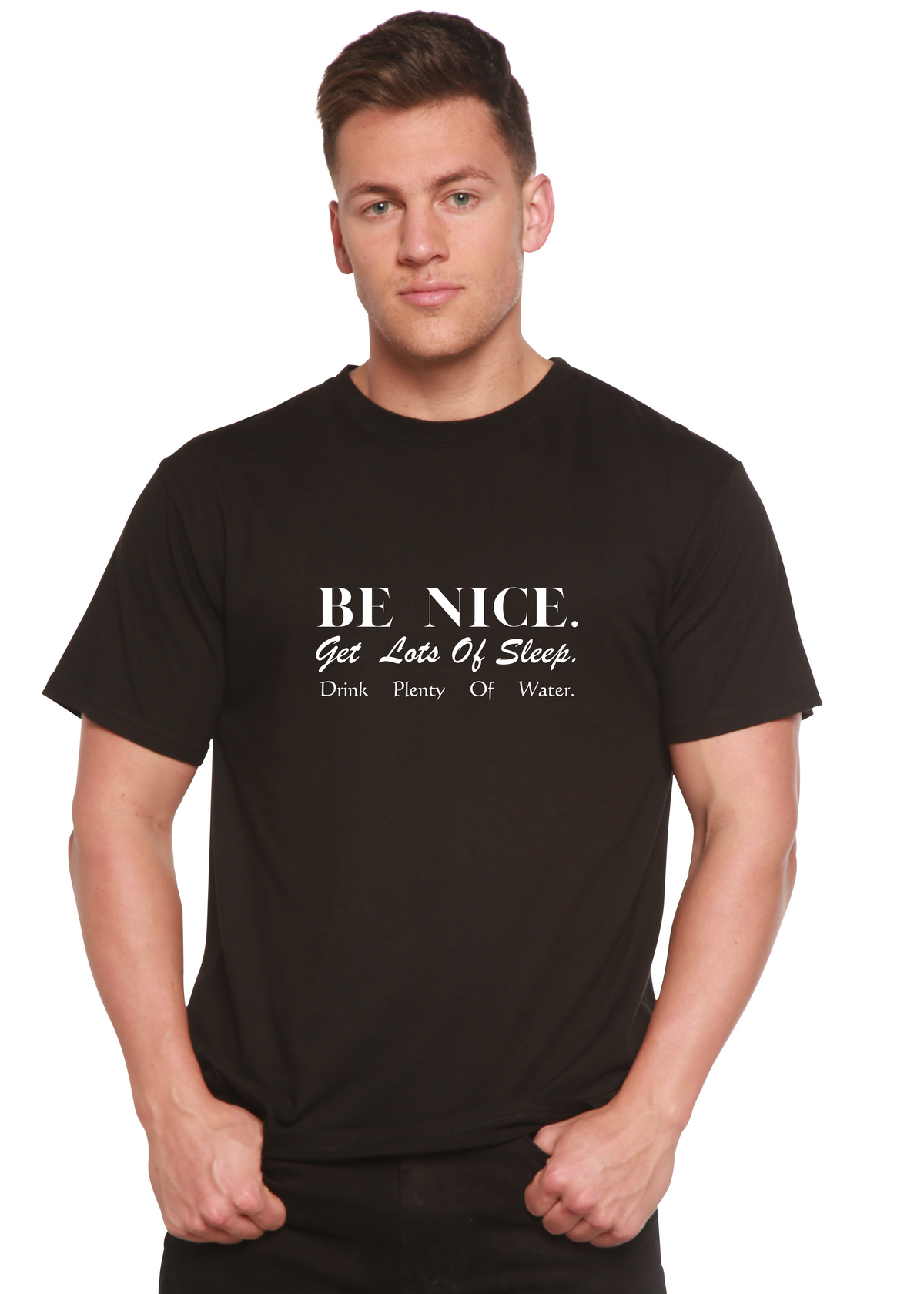 Men's printed graphic T-shirt from Spun Bamboo, made of bamboo viscose and organic cotton, featuring a colorful design on the front.