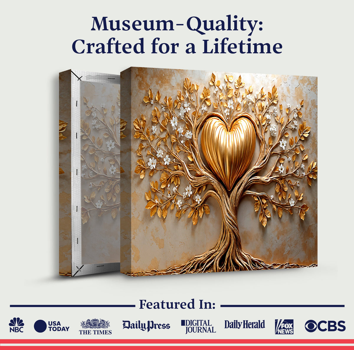 Golden Tree Heart wall art canvas by Tailored Canvases featuring a gold-toned tree and heart design on textured canvas background.