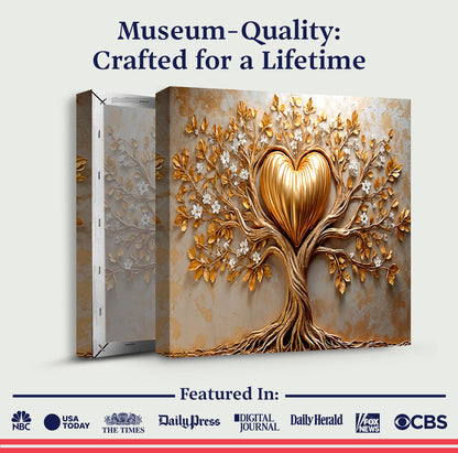 Golden Tree Heart wall art canvas by Tailored Canvases featuring a gold-toned tree and heart design on textured canvas background.