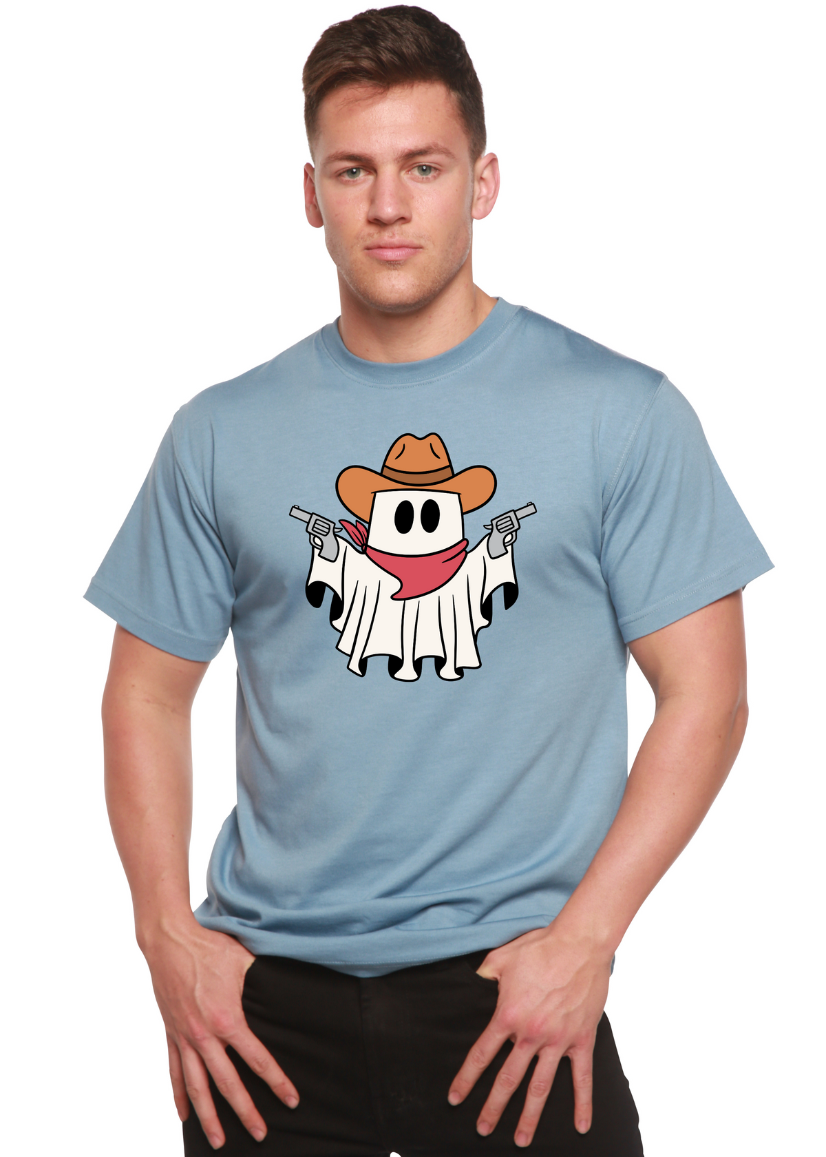 Unisex cowboy ghost graphic T-shirt by Spun Bamboo, short sleeve shirt made from bamboo viscose and organic cotton, with printed design.