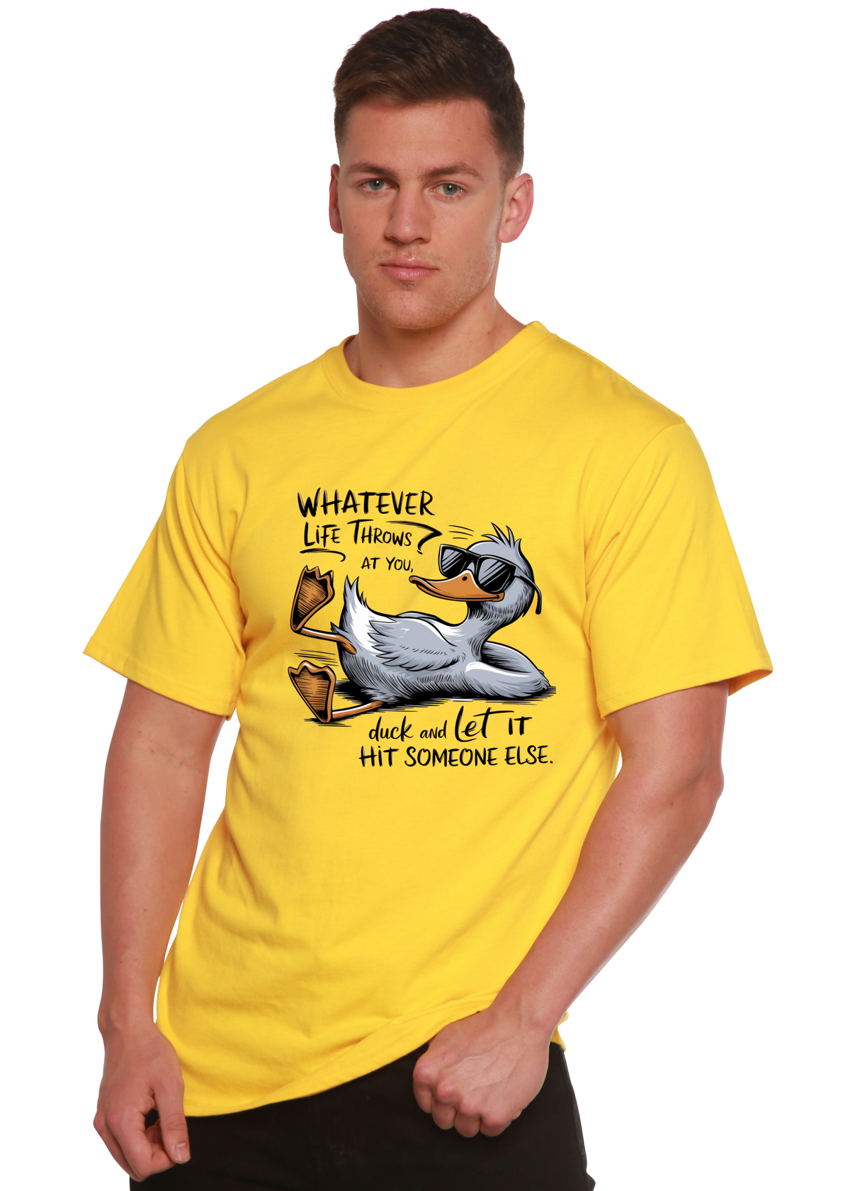 Spun Bamboo men's unisex graphic T-shirt with humorous "Whatever Life Throws at You" print in bamboo and cotton fabric.