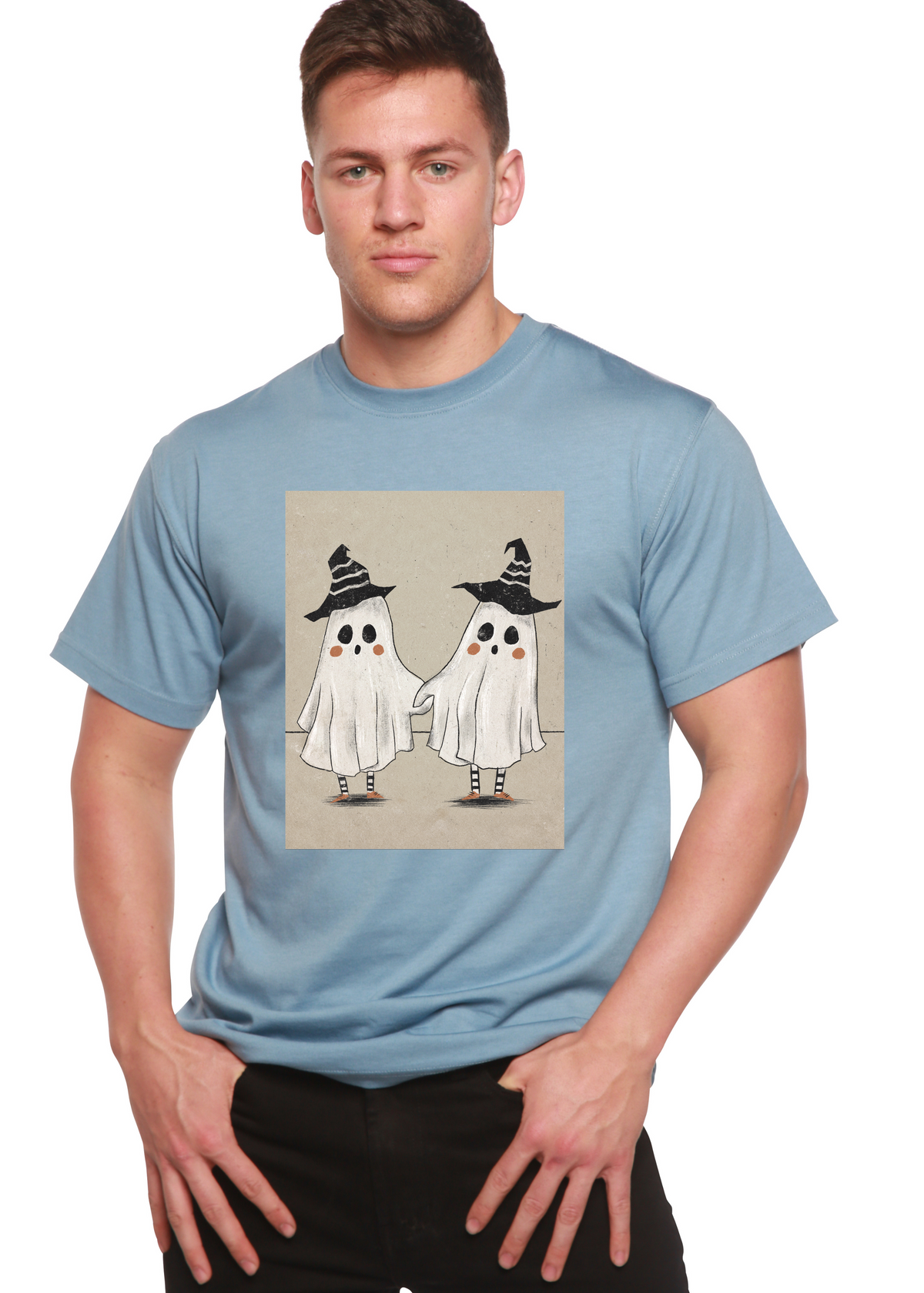 Men's Spun Bamboo graphic T-shirt with a cute ghost print in bamboo viscose and organic cotton short sleeve fabric.