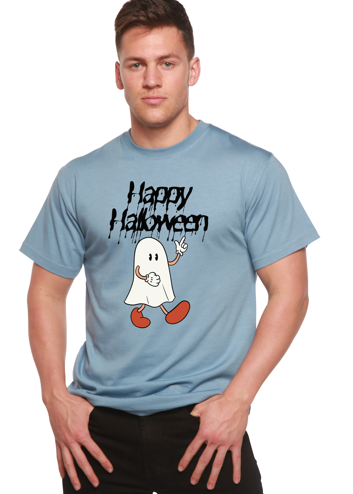 Happy Halloween men's bamboo viscose organic cotton short sleeve graphic T-shirt with Halloween-themed print, Spun Bamboo brand.