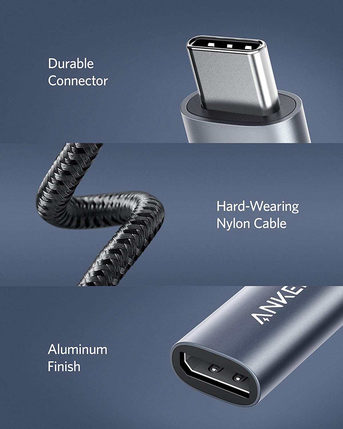 Anker PowerExpand USB-C to DisplayPort adapter connected to a laptop, showing the compact black adapter with cable extending to display.