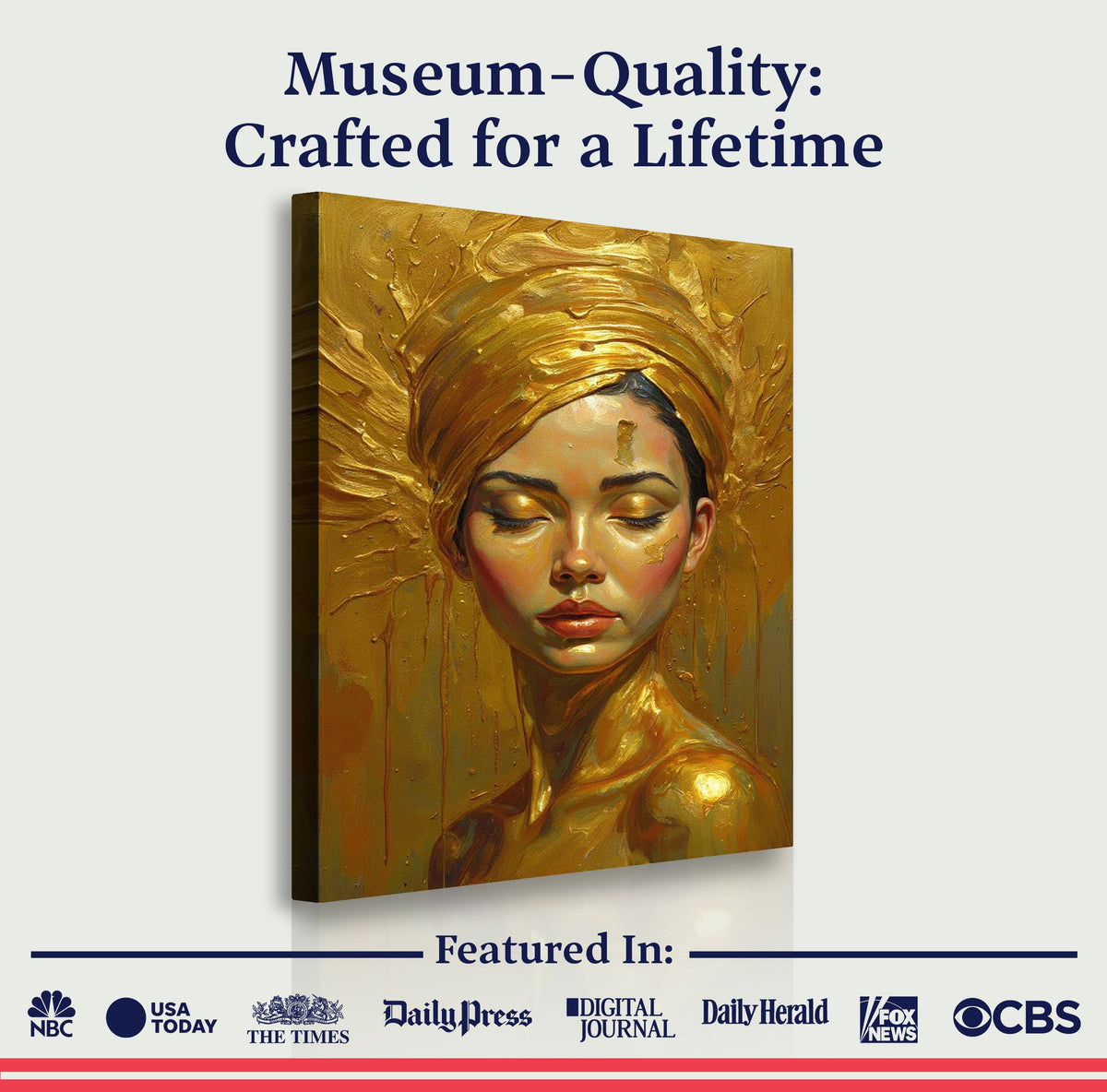 Golden Serenity Woman's wall art on canvas by Tailored Canvases, featuring elegant, abstract gold-toned design for modern home decor.