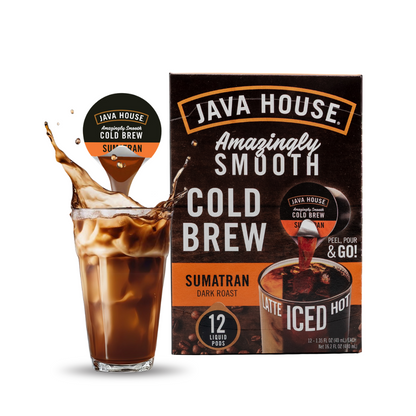 Six Java House Colombian cold brew coffee pods arranged in a row, showcasing the packaging and product design.