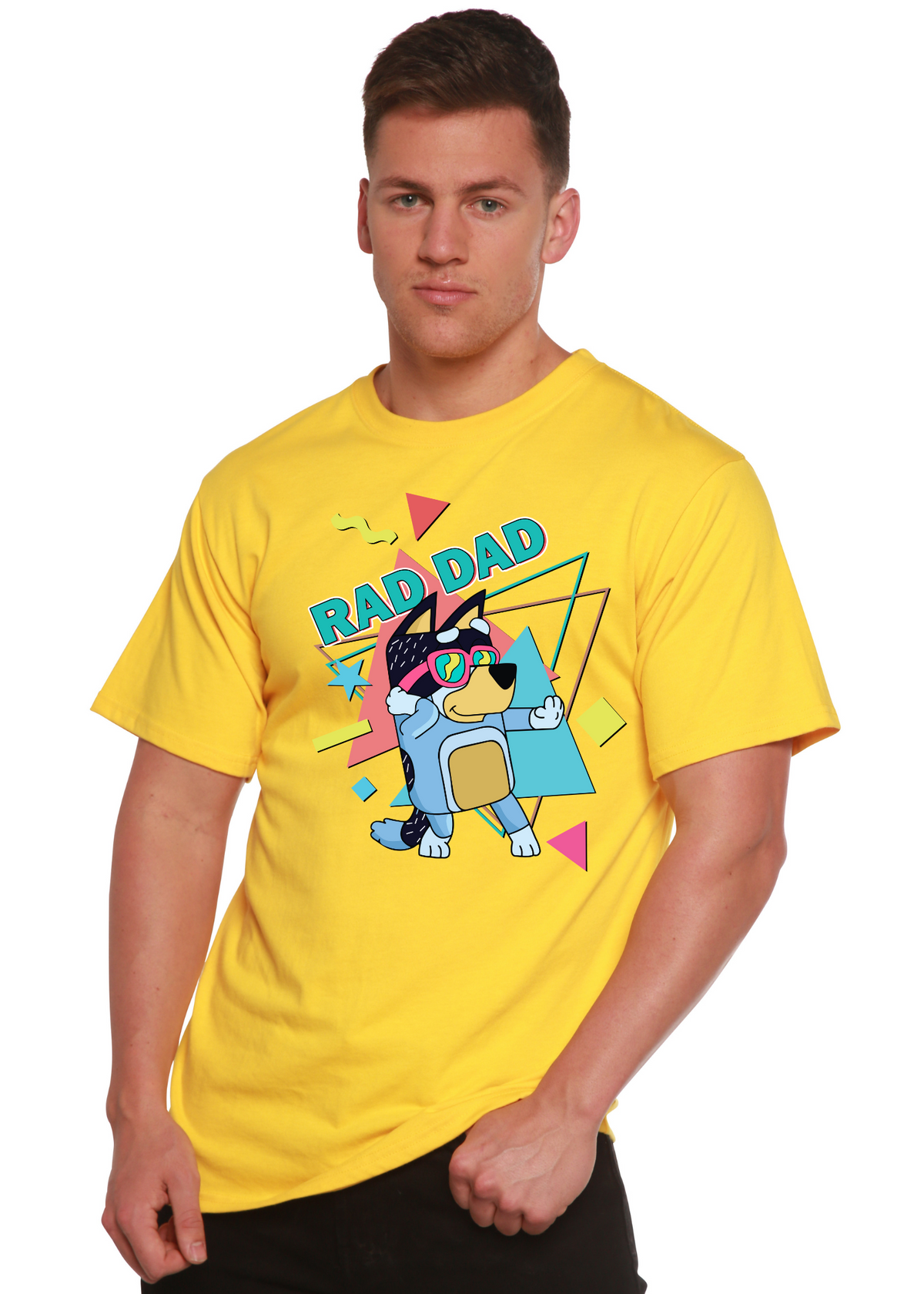 Men's Rad Dad Bluey graphic T-shirt by Spun Bamboo, blue bamboo short sleeve shirt with printed design, casual men's apparel