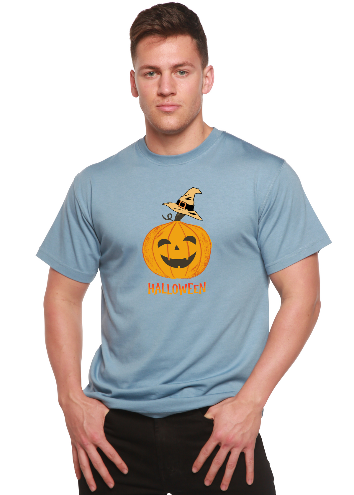 Men's Halloween pumpkin graphic T-shirt by Spun Bamboo, unisex short sleeve shirt made from bamboo viscose and organic cotton.