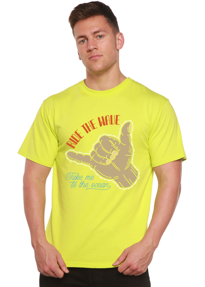 Spun Bamboo men's graphic T-shirt with wave design, short sleeve, made from bamboo viscose and organic cotton fabric.