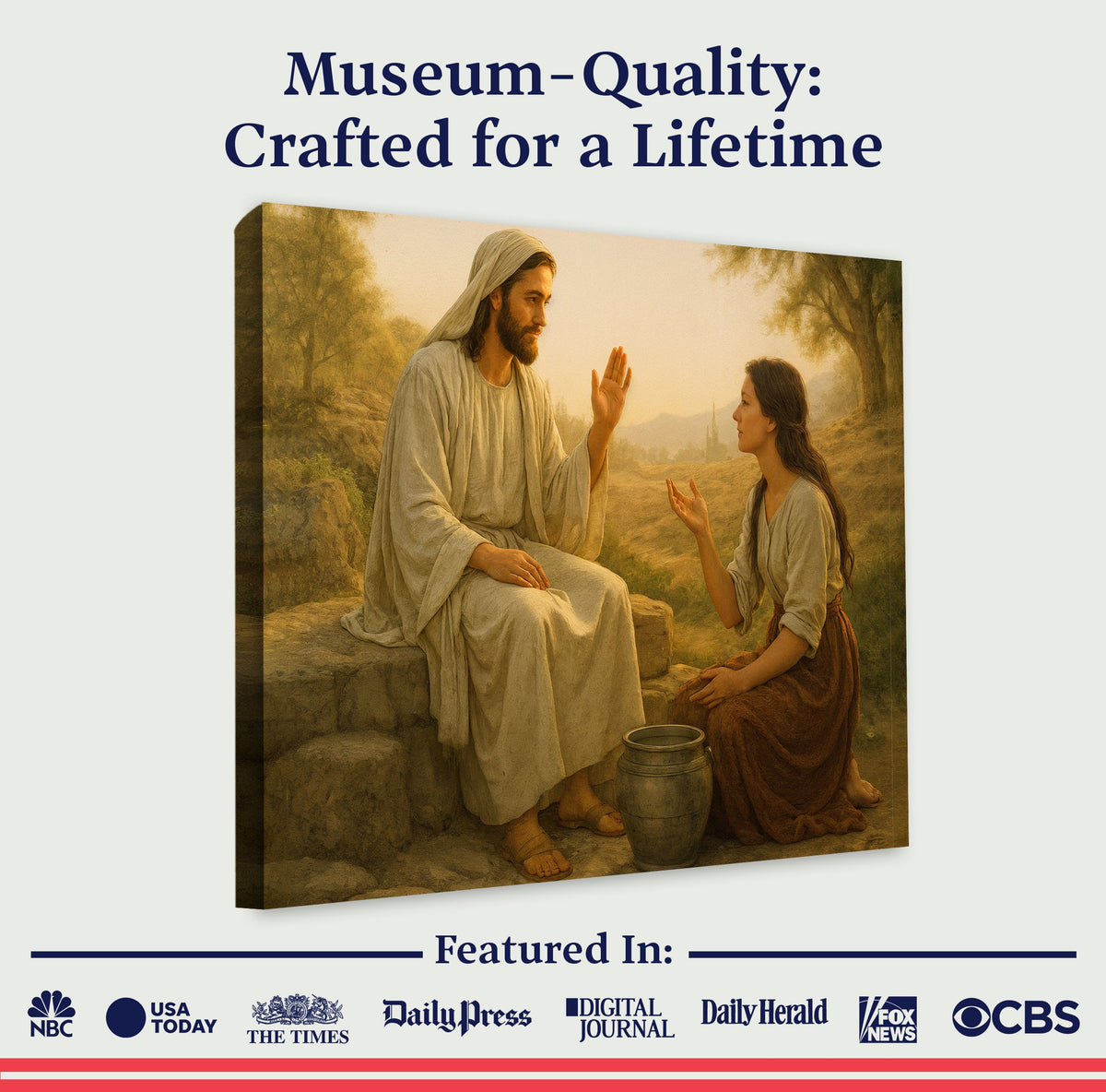 Canvas wall art featuring the Samaritan at the Well scene, designed by Tailored Canvases for spiritual and religious home decor.