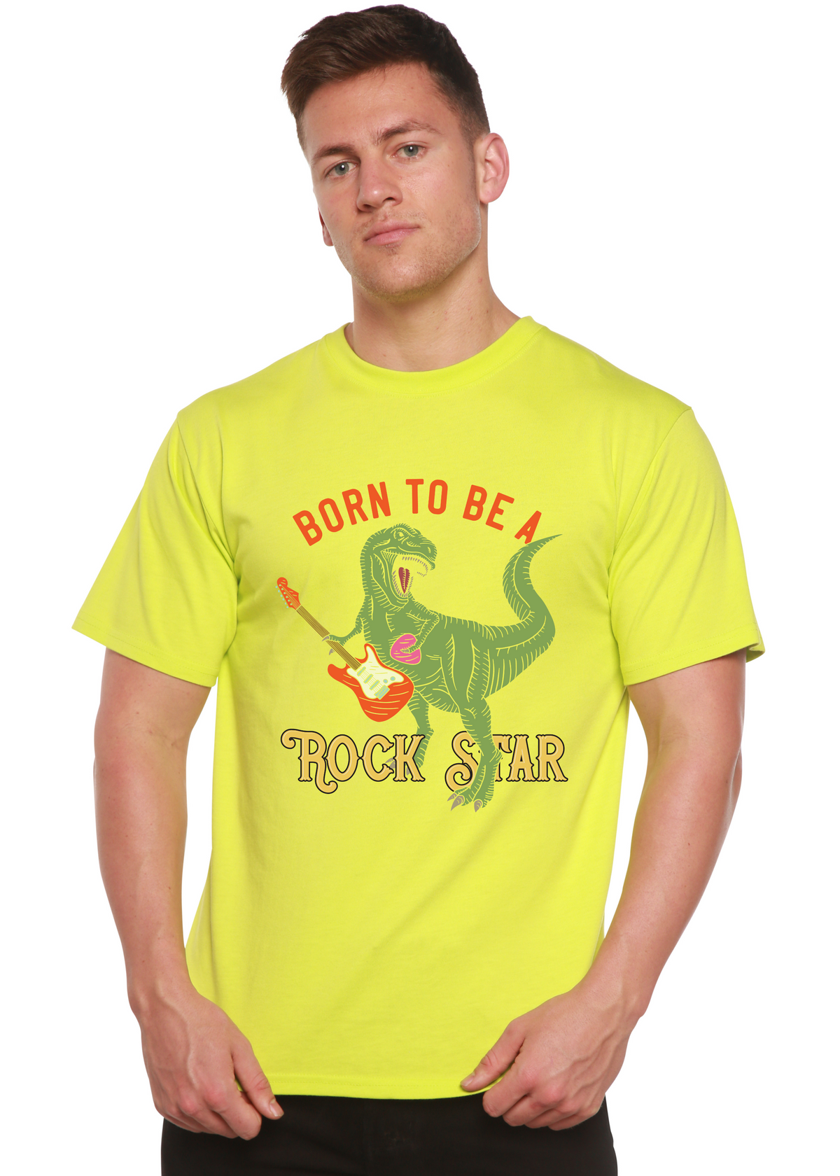 Men's printed graphic T-shirt by Spun Bamboo featuring "Born To Be A Rock Star" design in bamboo viscose and organic cotton.