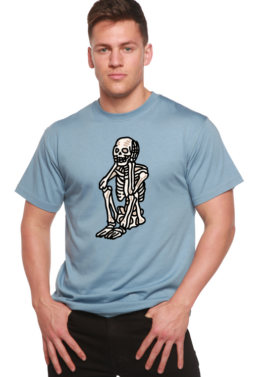 Mens Sad Skeleton Halloween T-shirt by Spun Bamboo, unisex short sleeve graphic tee made of organic cotton and bamboo viscose fabric.