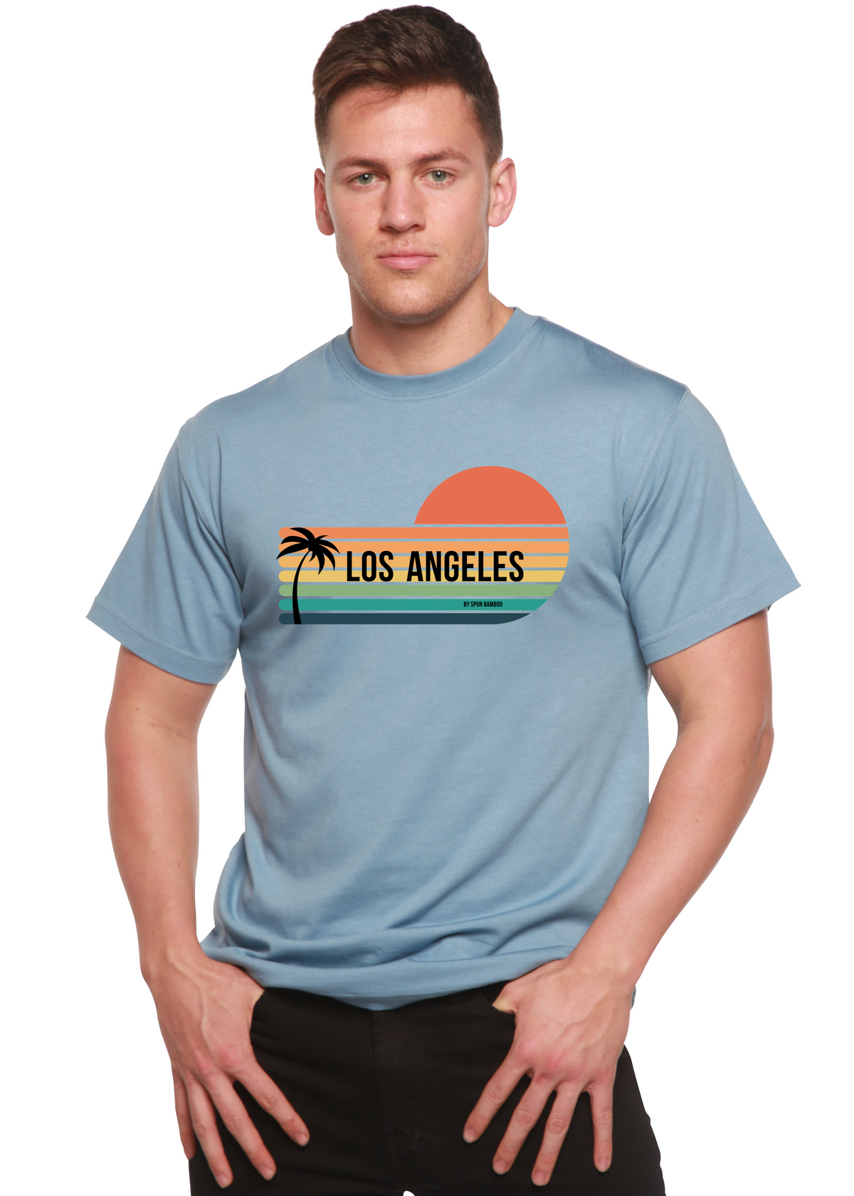 Men's printed T-shirt by Spun Bamboo featuring graphic design on short sleeve bamboo viscose and organic cotton fabric.