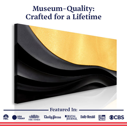 Black and gold minimalist abstract canvas artwork by Tailored Canvases featuring modern geometric design.