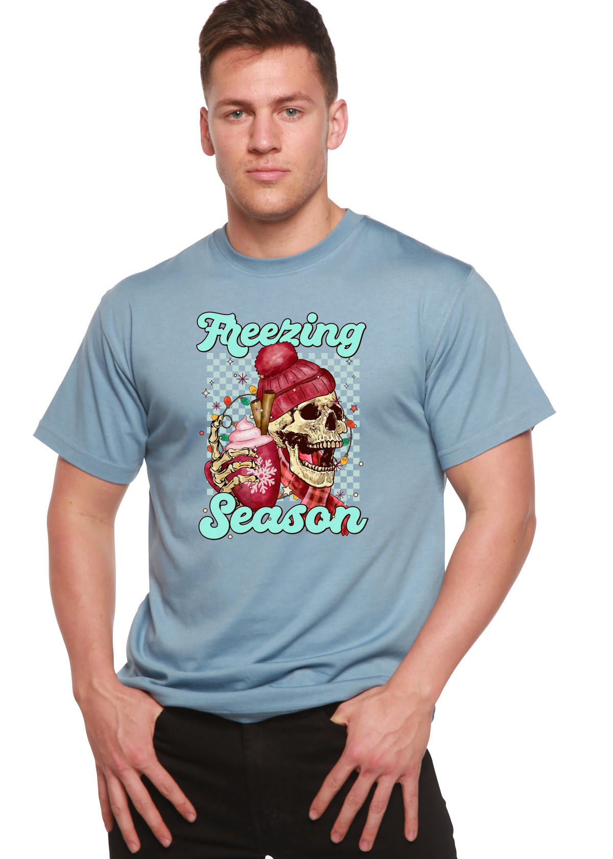 Men's printed T-shirt by Spun Bamboo featuring a graphic design, made from bamboo viscose and organic cotton, short sleeve.