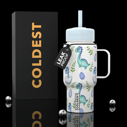 Coldest 6.7oz baby dinosaur-themed water bottle with colorful design and secure lid, ideal for kids' hydration.