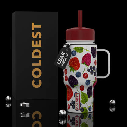 Coldest 6.7oz Berry Bae insulated water bottle with colorful berry design and stainless steel body.