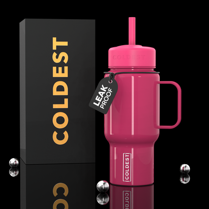 Coldest 6.7oz glossy pink bottle with a sleek, shiny finish, perfect for keeping beverages cold and stylish on the go.