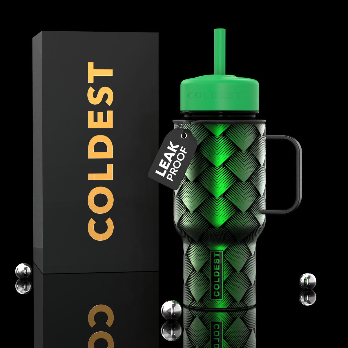 Coldest 6.7oz green bottle with a sleek design, featuring the Coldest brand logo on a metallic green finish.