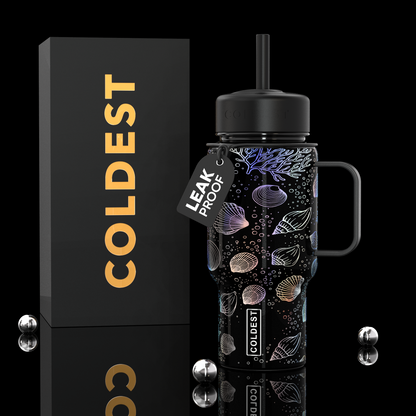 Coldest 6.7oz bottle with moonlight seashells design, showcasing a sleek stainless steel water bottle with ocean-inspired artwork.