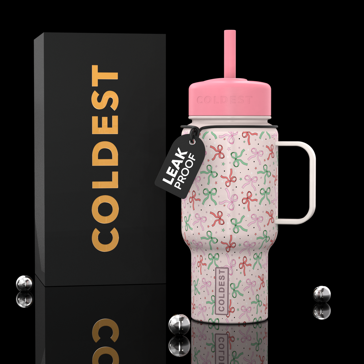 Pink bows design on a Coldest 6.7oz insulated bottle, featuring a sleek stainless steel body and spill-proof lid.
