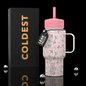 Pink bows design on a Coldest 6.7oz insulated bottle, featuring a sleek stainless steel body and spill-proof lid.