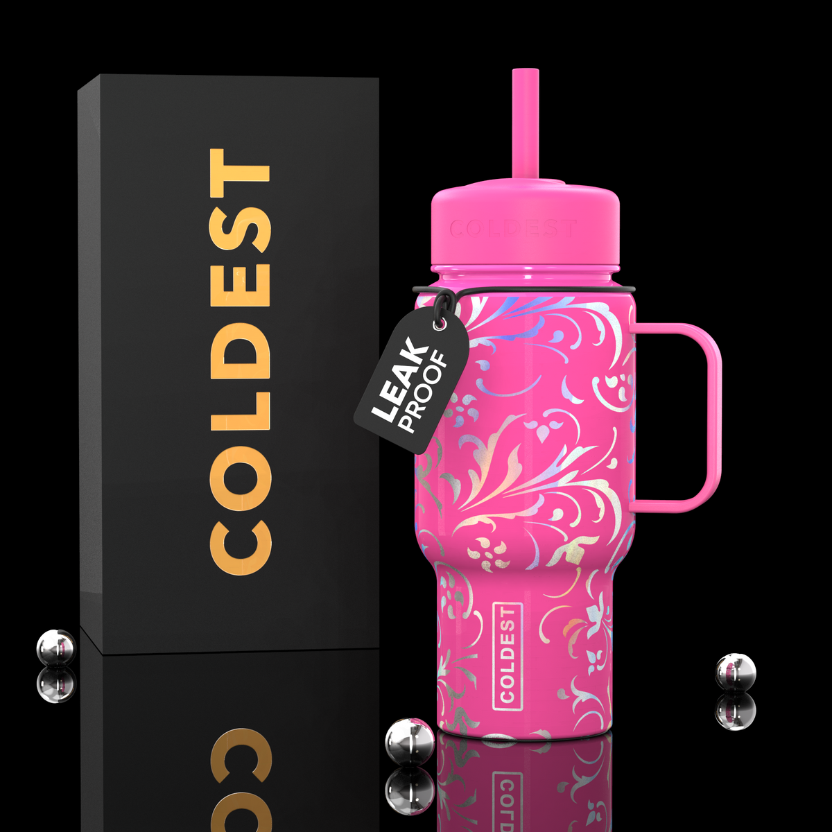 Coldest 6.7oz pink moonlight floral insulated bottle with a sleek design and colorful floral pattern.