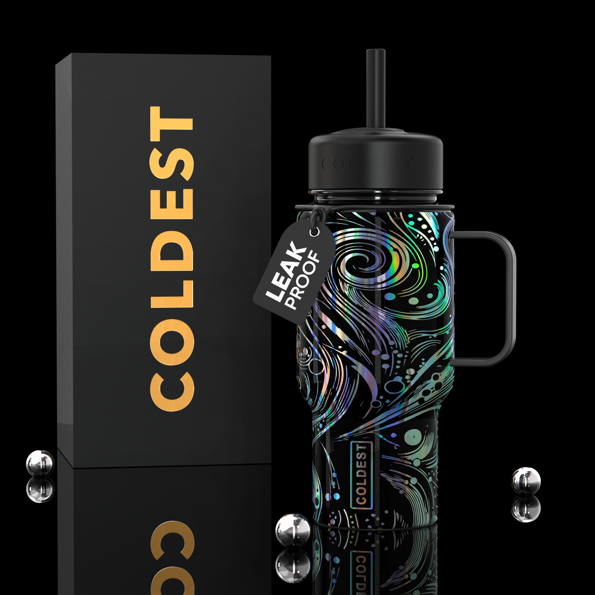 Coldest 6.7oz space exploration-themed water bottle with a sleek design and cosmic artwork.