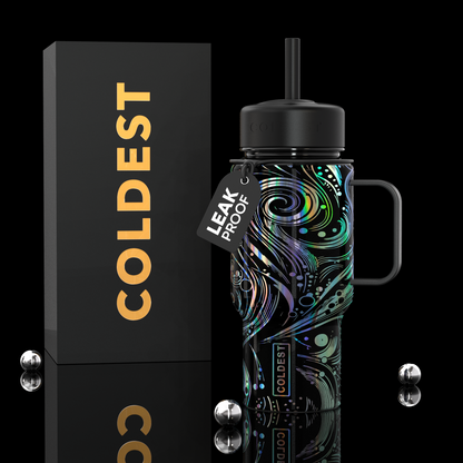 Coldest 6.7oz space exploration-themed water bottle with a sleek design and cosmic artwork.