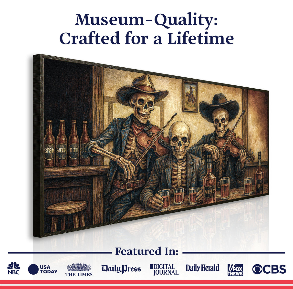 Western cowboy skeleton canvas wall art featuring a skeleton cowboy in western attire, ideal for rustic or western-themed decor.