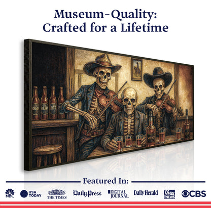 Western cowboy skeleton canvas wall art featuring a skeleton cowboy in western attire, ideal for rustic or western-themed decor.