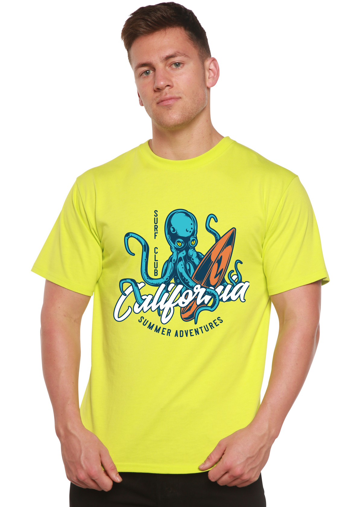 Men's printed T-shirt by Spun Bamboo featuring California Summer Adventures graphic in bamboo viscose and organic cotton fabric.