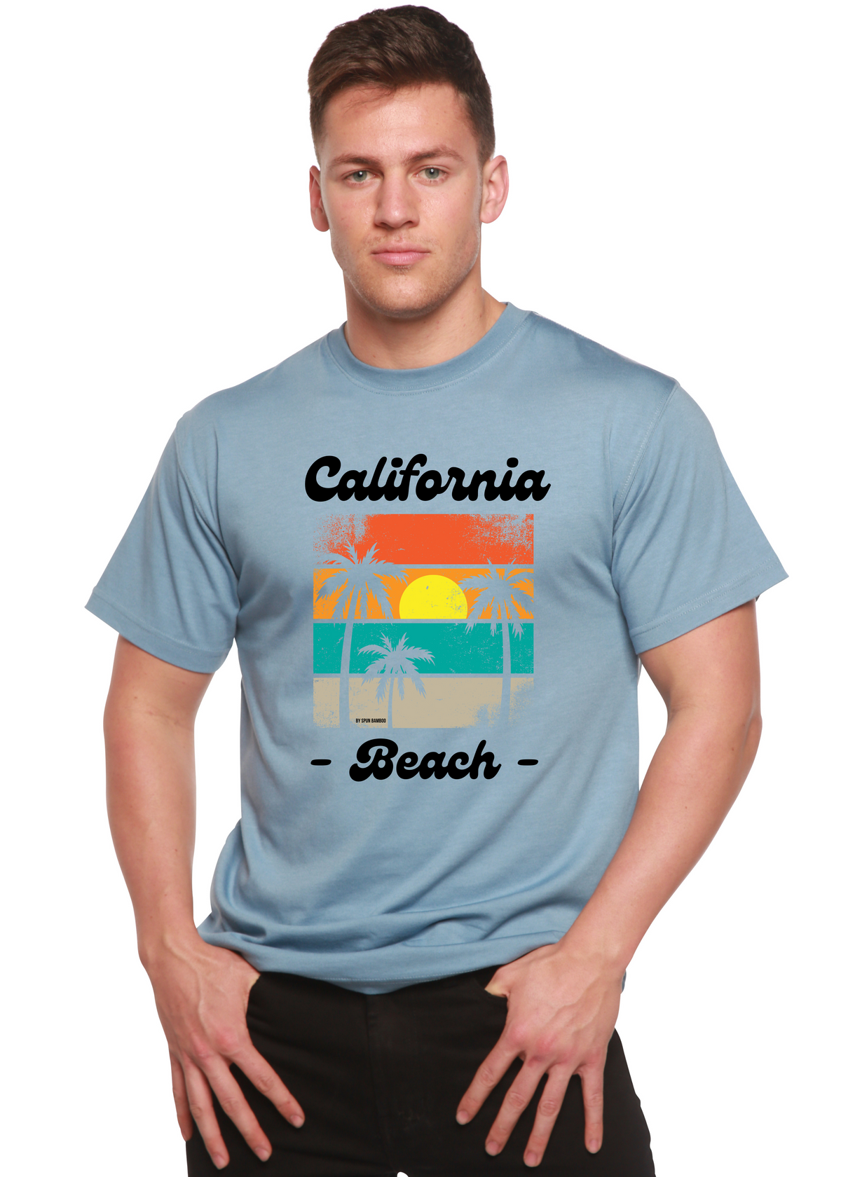 Spun Bamboo men's printed T-shirt featuring California beach graphic in bamboo viscose and organic cotton fabric.
