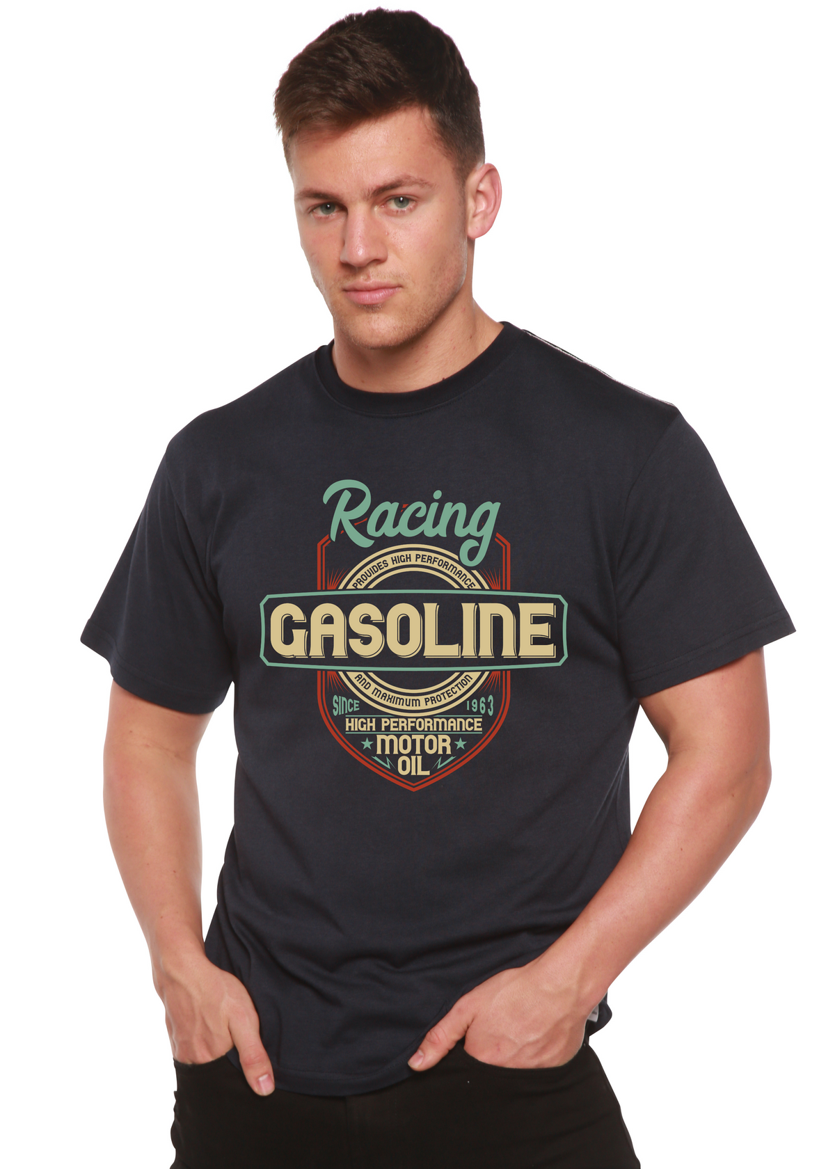 Spun Bamboo men's graphic T-shirt made from bamboo viscose and organic cotton, featuring a racing-inspired print and short sleeves.