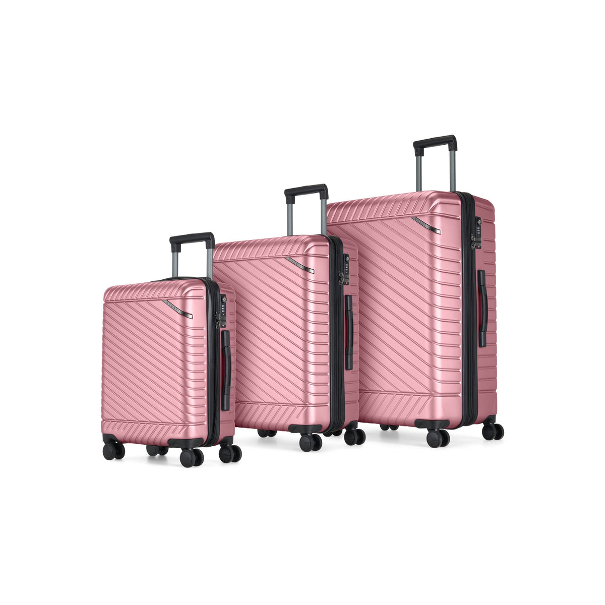 Bugatti Travel Oslo 3-piece luggage set with matching suitcases in ash rose color, featuring durable hard-shell exteriors.