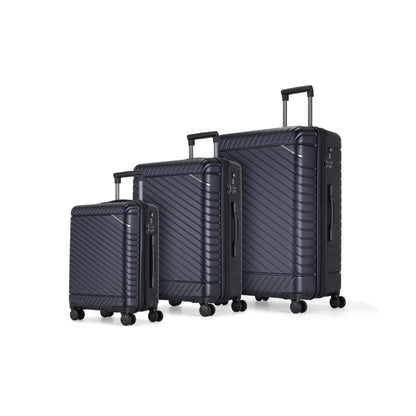 Set of three navy Bugatti Travel Oslo luggage pieces with hard shells and extendable handles, displayed together.